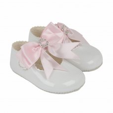 B060: Baby Girls Bow & Diamante Soft Soled Shoe-White/Pink (Shoe Sizes: 0-3)